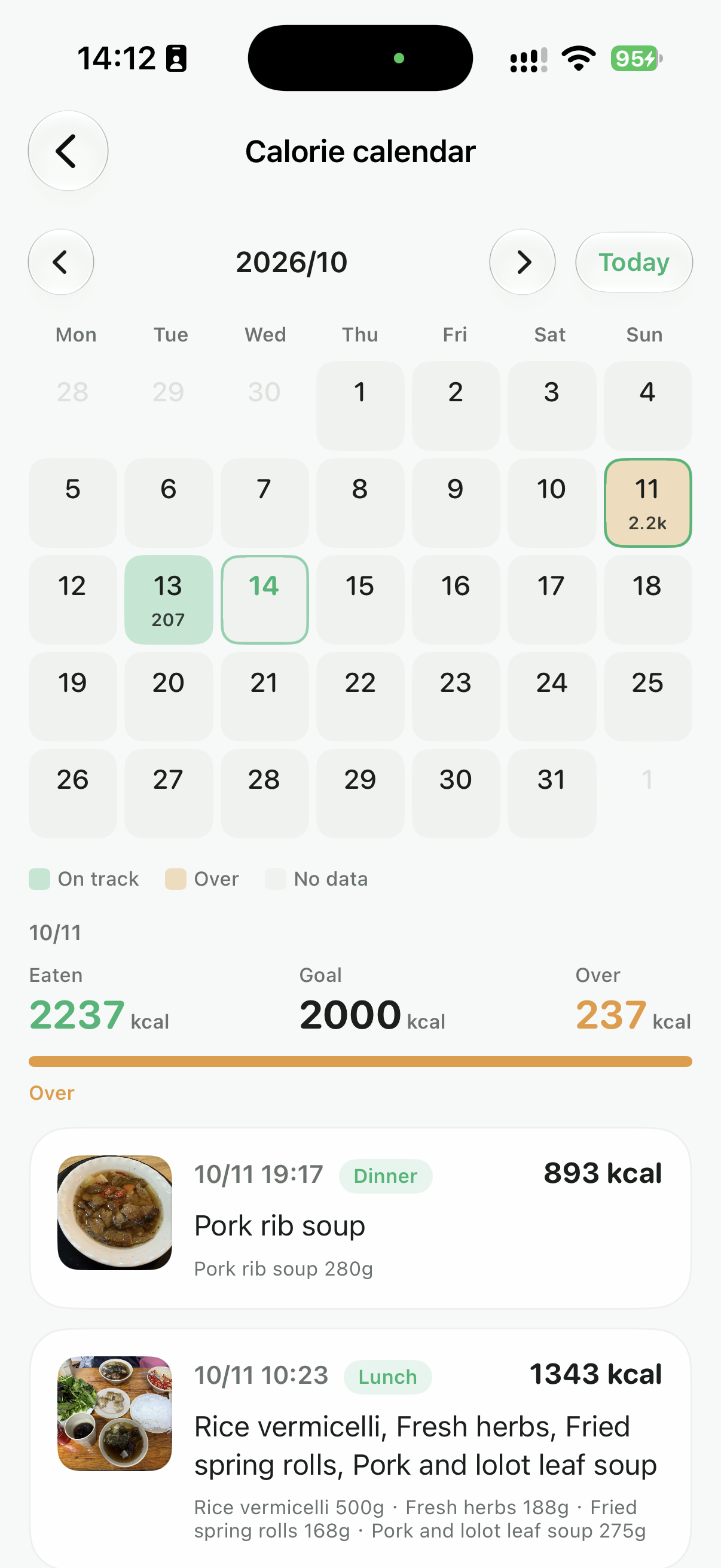 KcalNow calorie calendar with on-track and over days